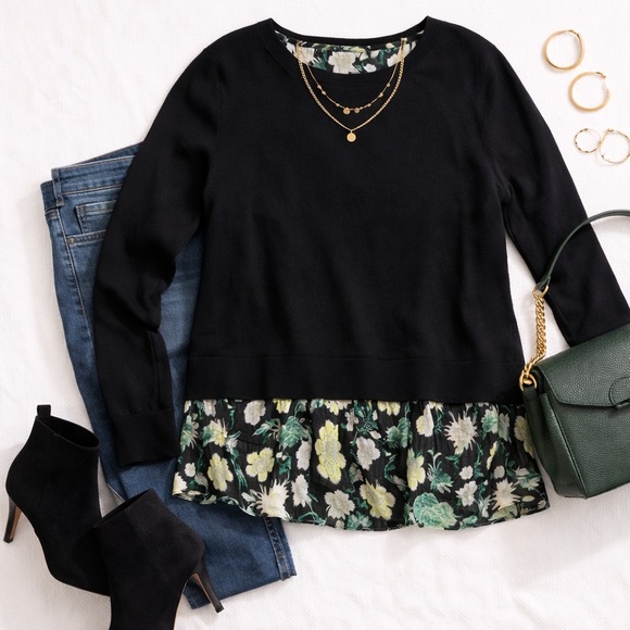 Club Monaco Black Top with Green Floral Hem - Picture 2 of 7